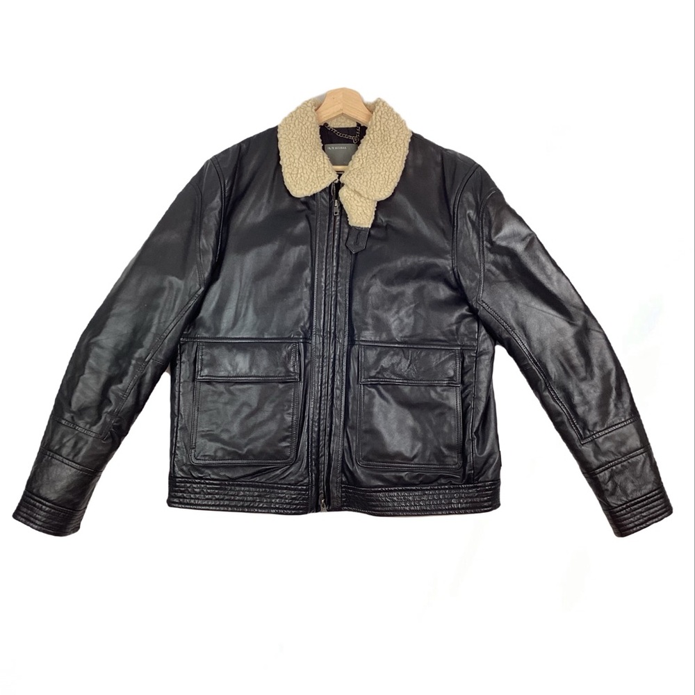 Muubaa NWOT Black Leather Shearling Collar Aviator Jacket in M or 48